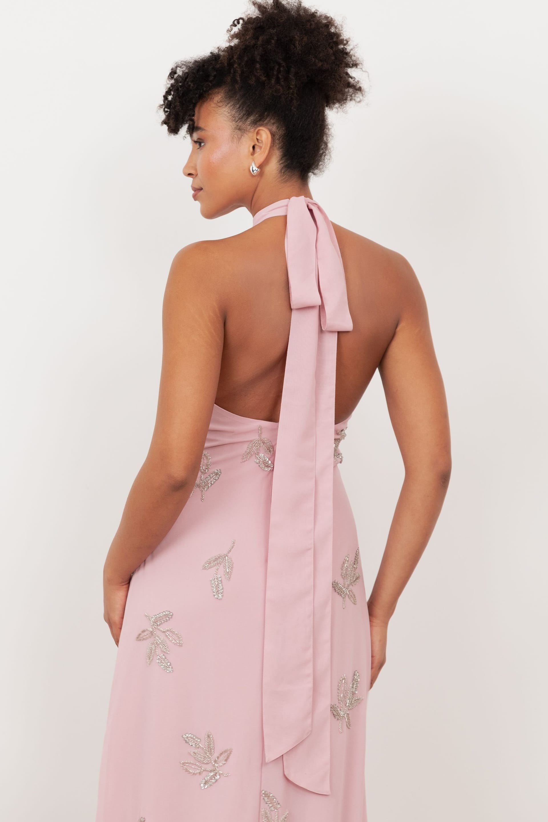 Maya Deluxe Maya Deluxe Women's Embellished Halter Neck Open Back Maxi Dress in Light Pink - 4