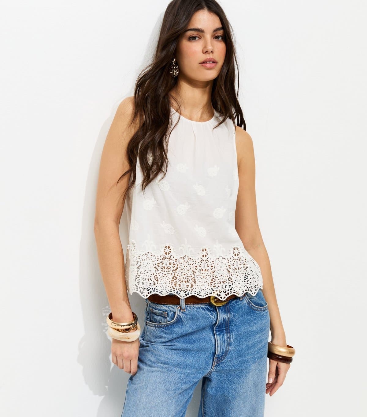 New Look Women's Off White Cotton Embroidered Sleeveless Top New Look