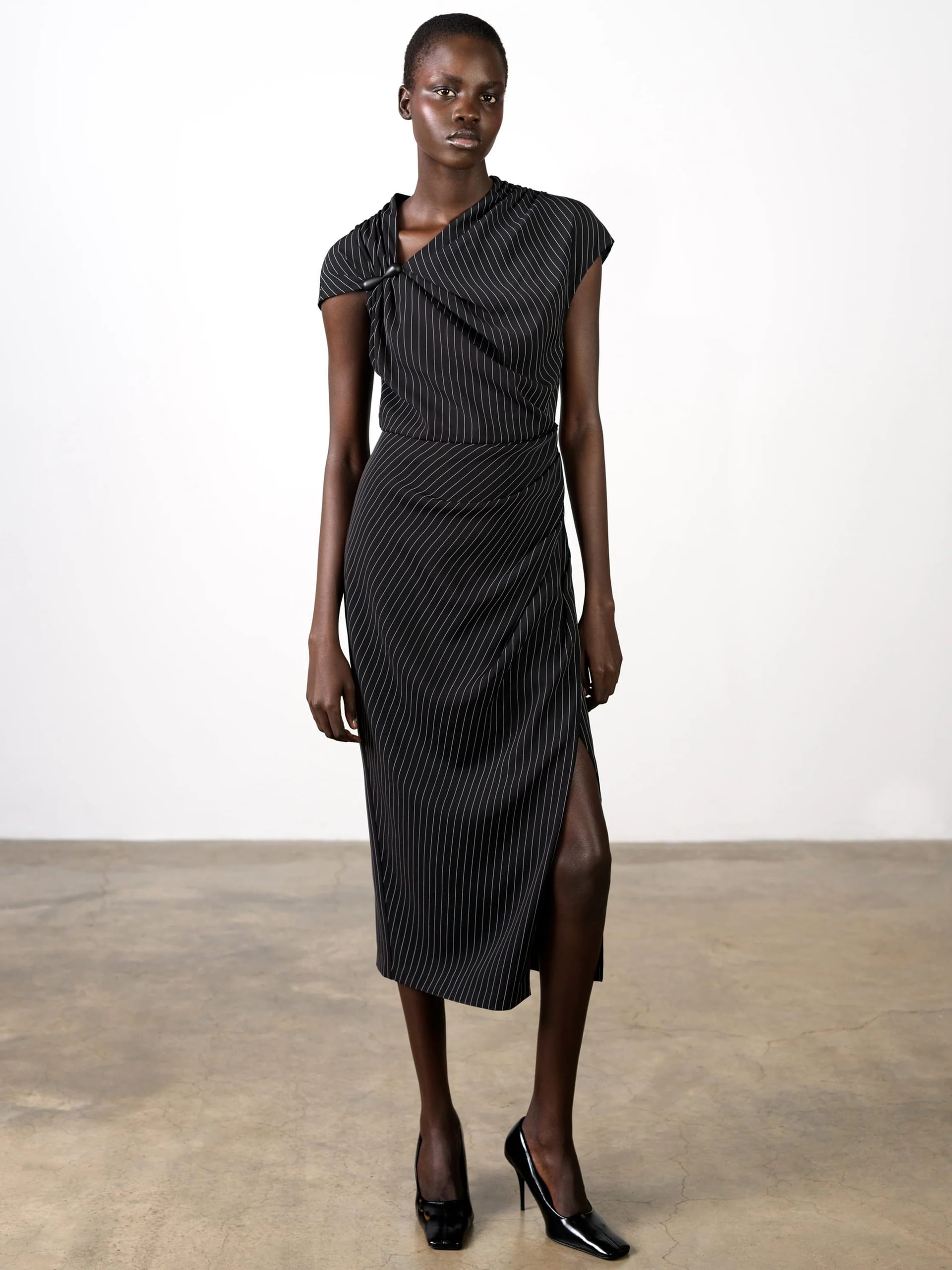 French Connection Black Pinstripe Draped Midi Dress