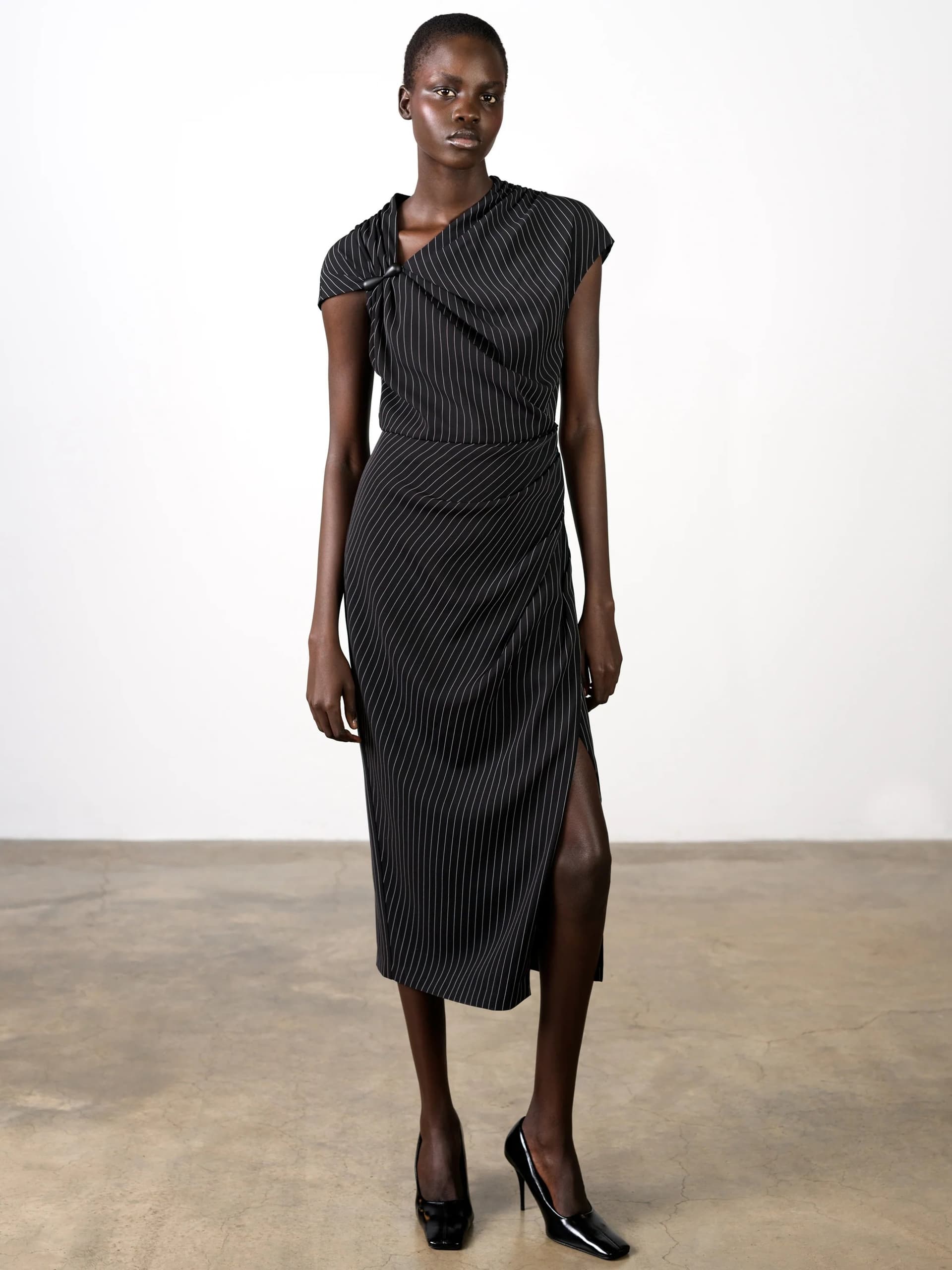 French Connection Vinnie Black Pinstripe Draped Midi Dress Black/Porcelain Cream