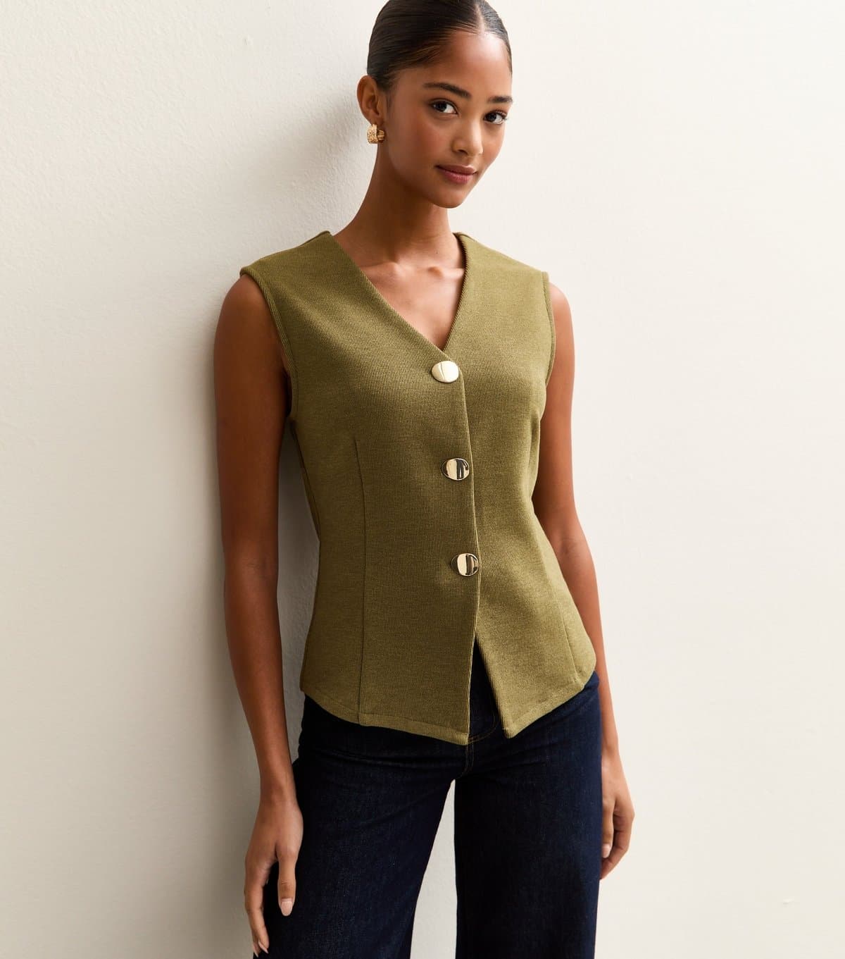 New Look Women's Mid Green Soft Touch V-Neck Waistcoat New Look
