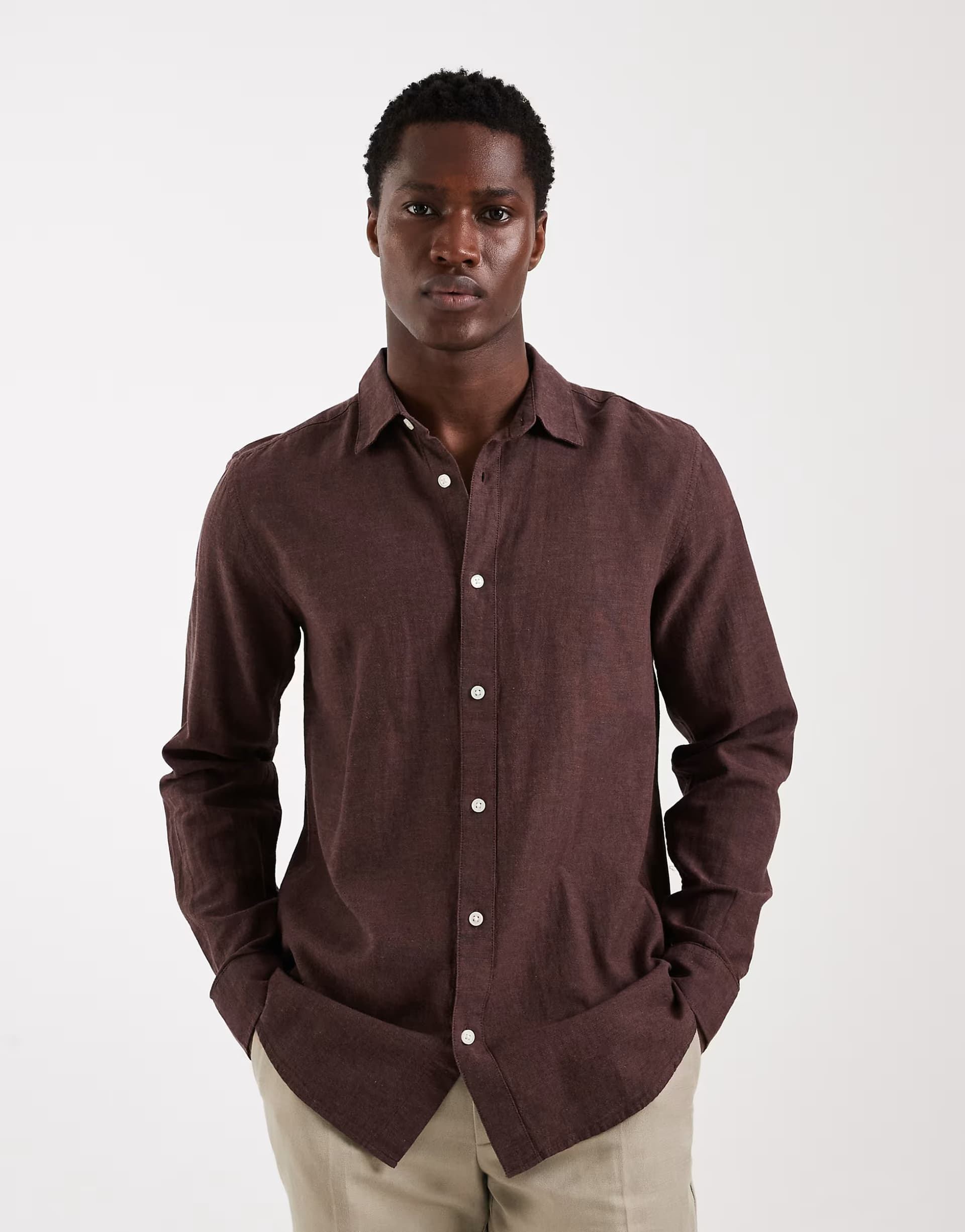 ASOS ONLY & SONS linen mix long sleeve shirt in brown