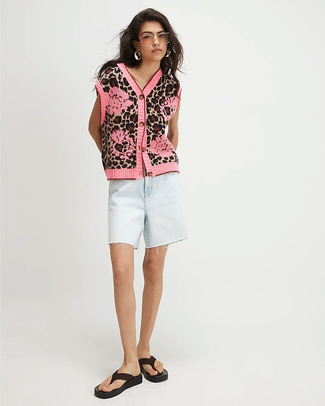River Island River Island Womens Pink Leopard Print Knitted Waistcoat