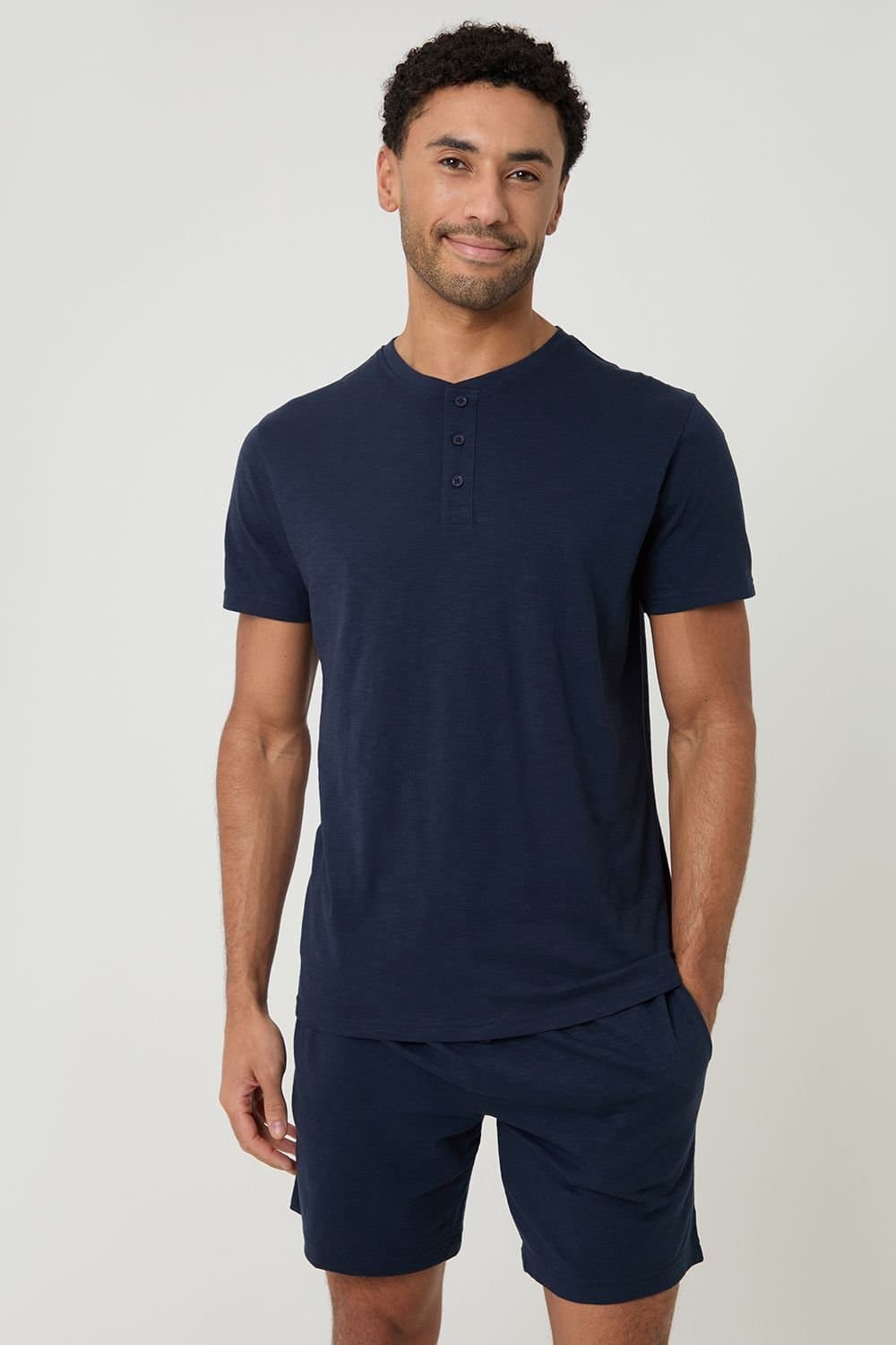 Threadbare Threadbare Men's Cotton Grandad Pyjama Top & Shorts in Navy