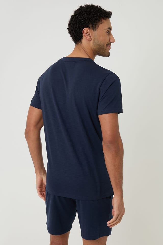 Threadbare Threadbare Men's Cotton Grandad Pyjama Top & Shorts in Navy - 2