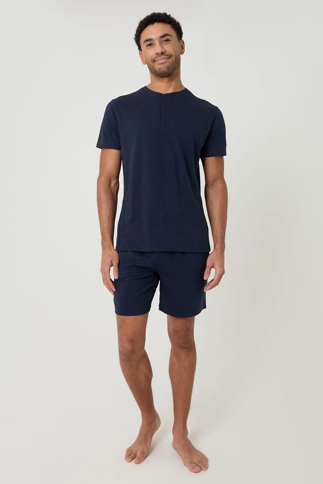 Threadbare Threadbare Men's Cotton Grandad Pyjama Top & Shorts in Navy - 3