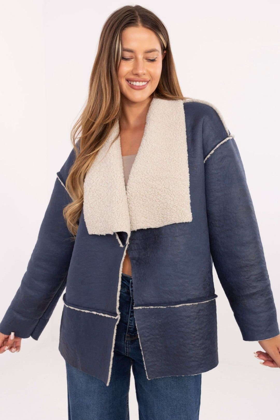 Love Lace Love Lace Women's Casual Faux Fur Lapel Lightweight Jacket in Blue