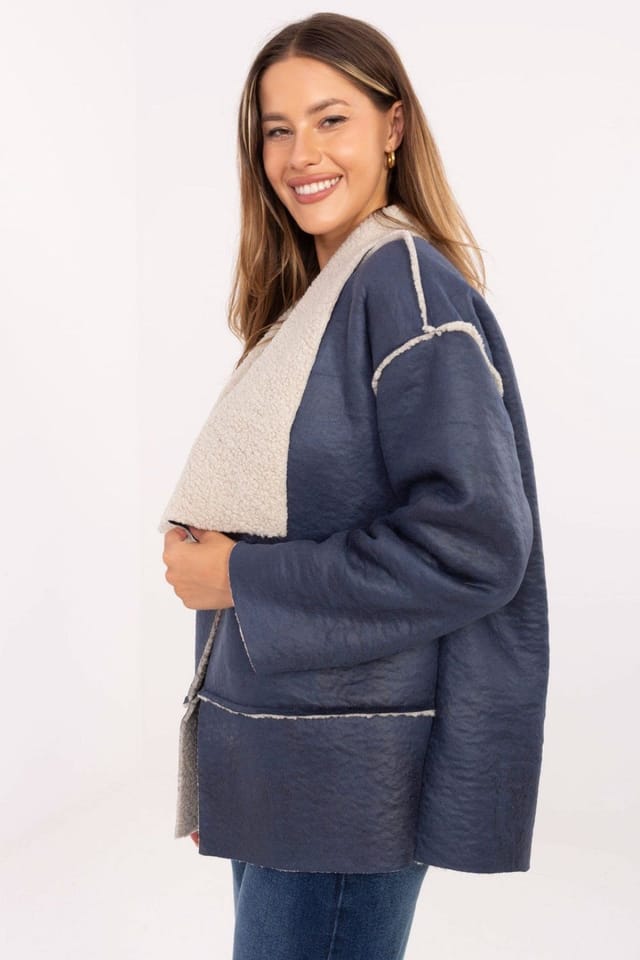 Love Lace Love Lace Women's Casual Faux Fur Lapel Lightweight Jacket in Blue - 2