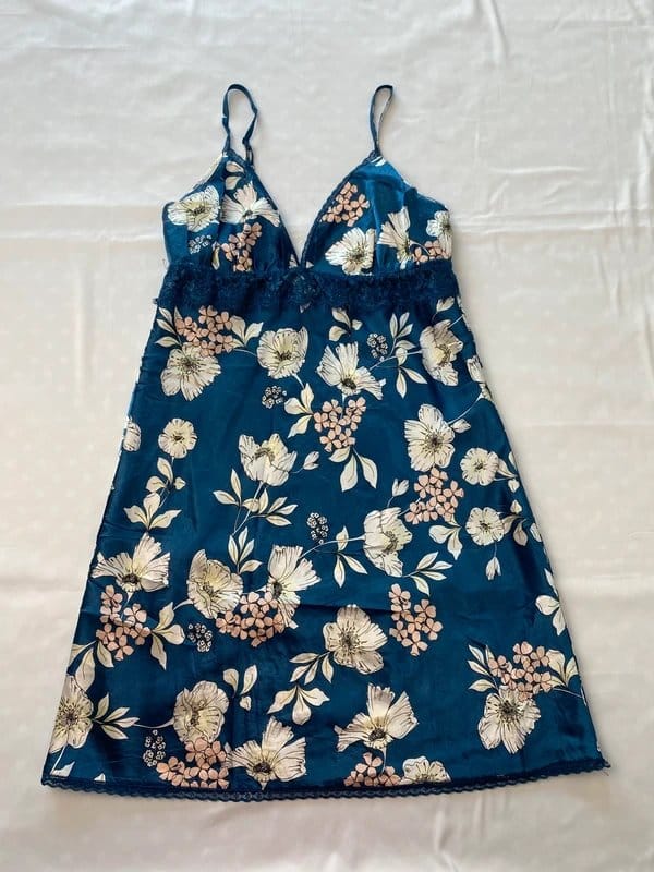 Adore Me Blue Floral Satin Slip Dress with Lace Trim