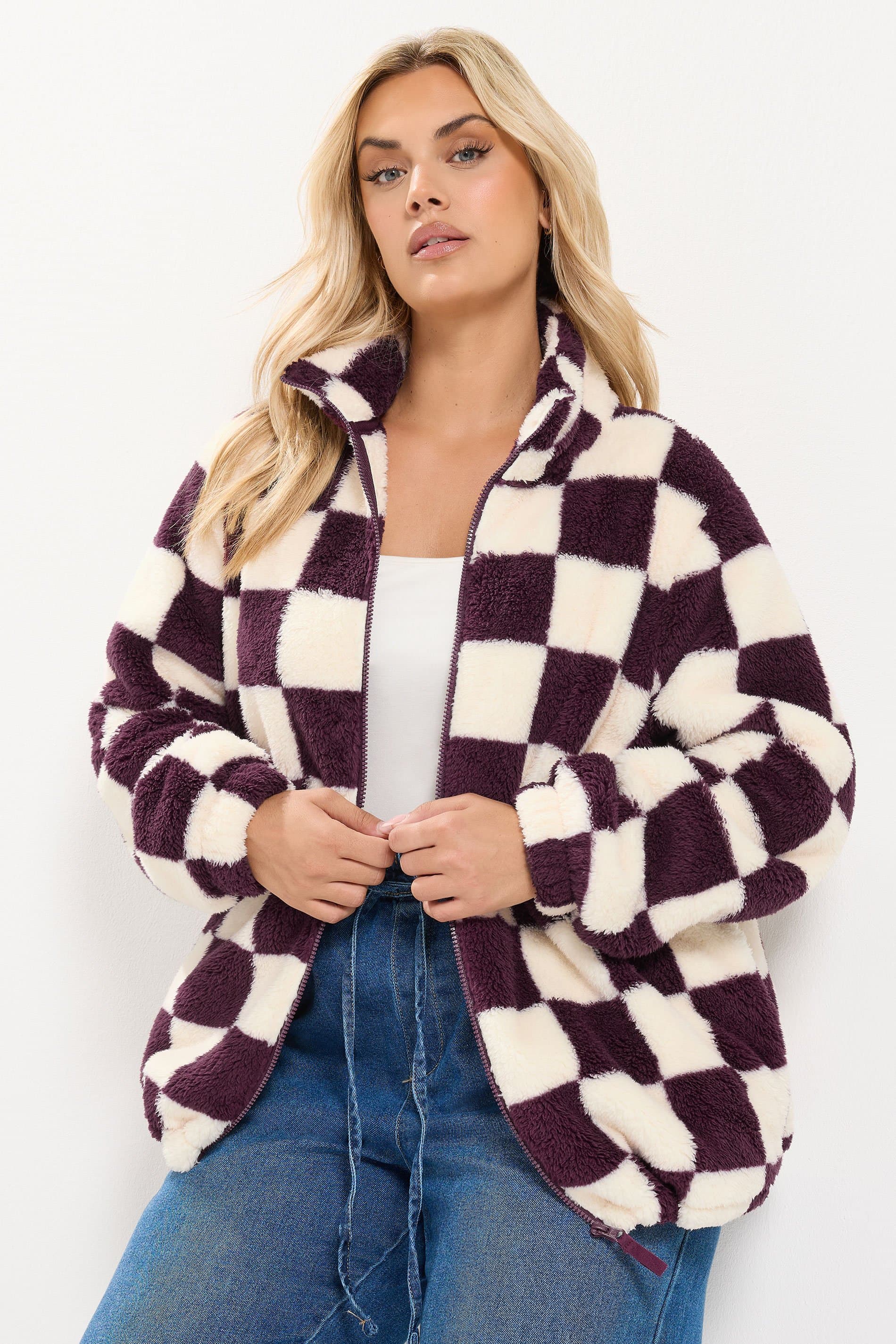 Yours Plus Size Burgundy Red Checked Zip Through Fleece