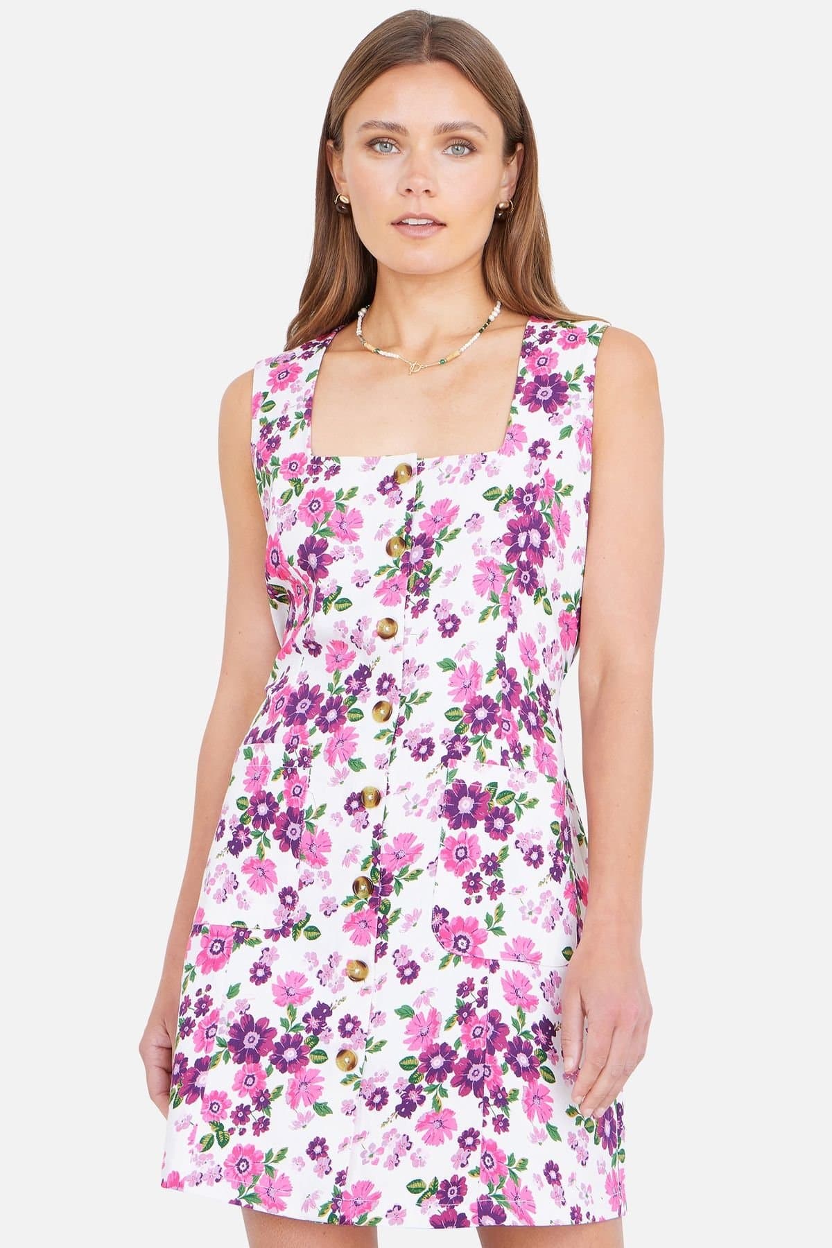 Yumi Yumi Women's Pink Retro Floral Cotton Stretch Pinafore Dress in Fuchsia