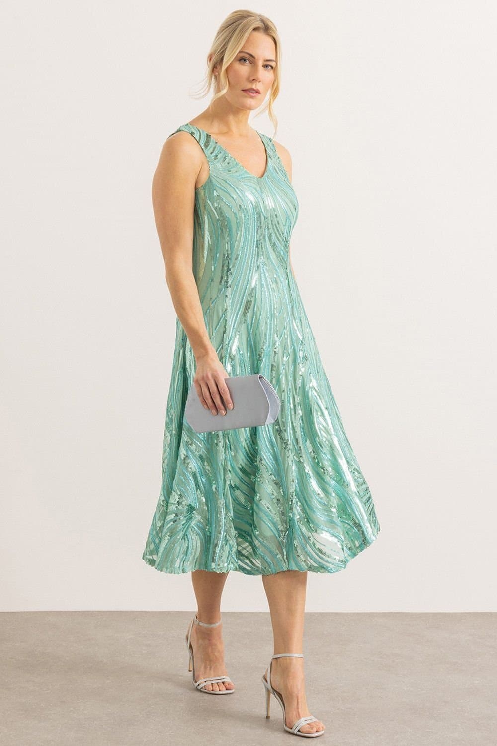 klass Klass. Women's Sequinned Mesh Sleeveless Dress in Aqua