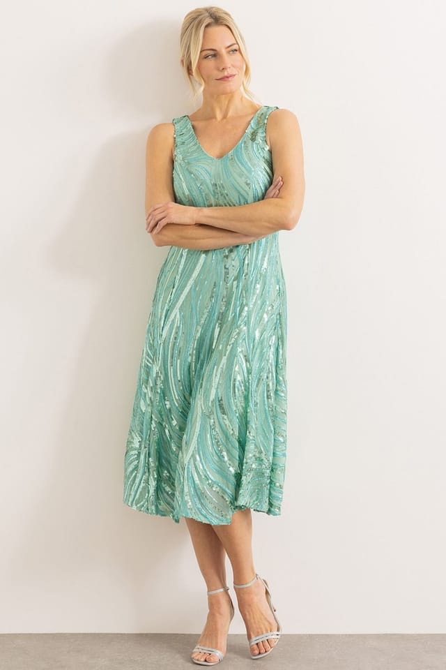 klass Klass. Women's Sequinned Mesh Sleeveless Dress in Aqua - 2
