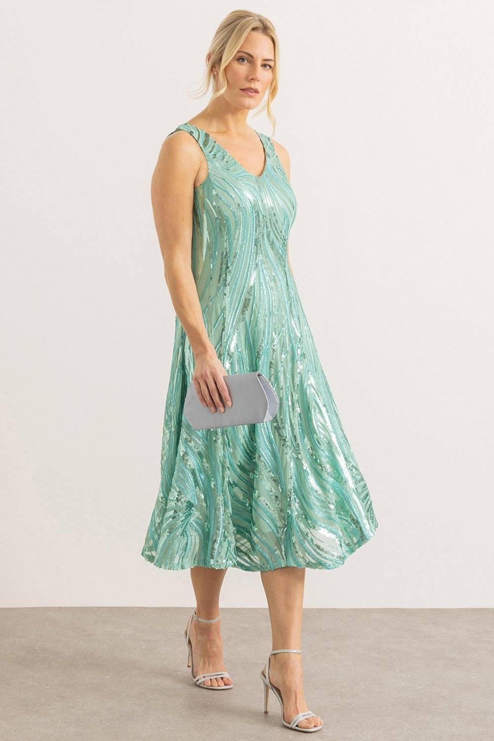 Klass. Klass. Women's Sequinned Mesh Sleeveless Dress in Aqua - 3