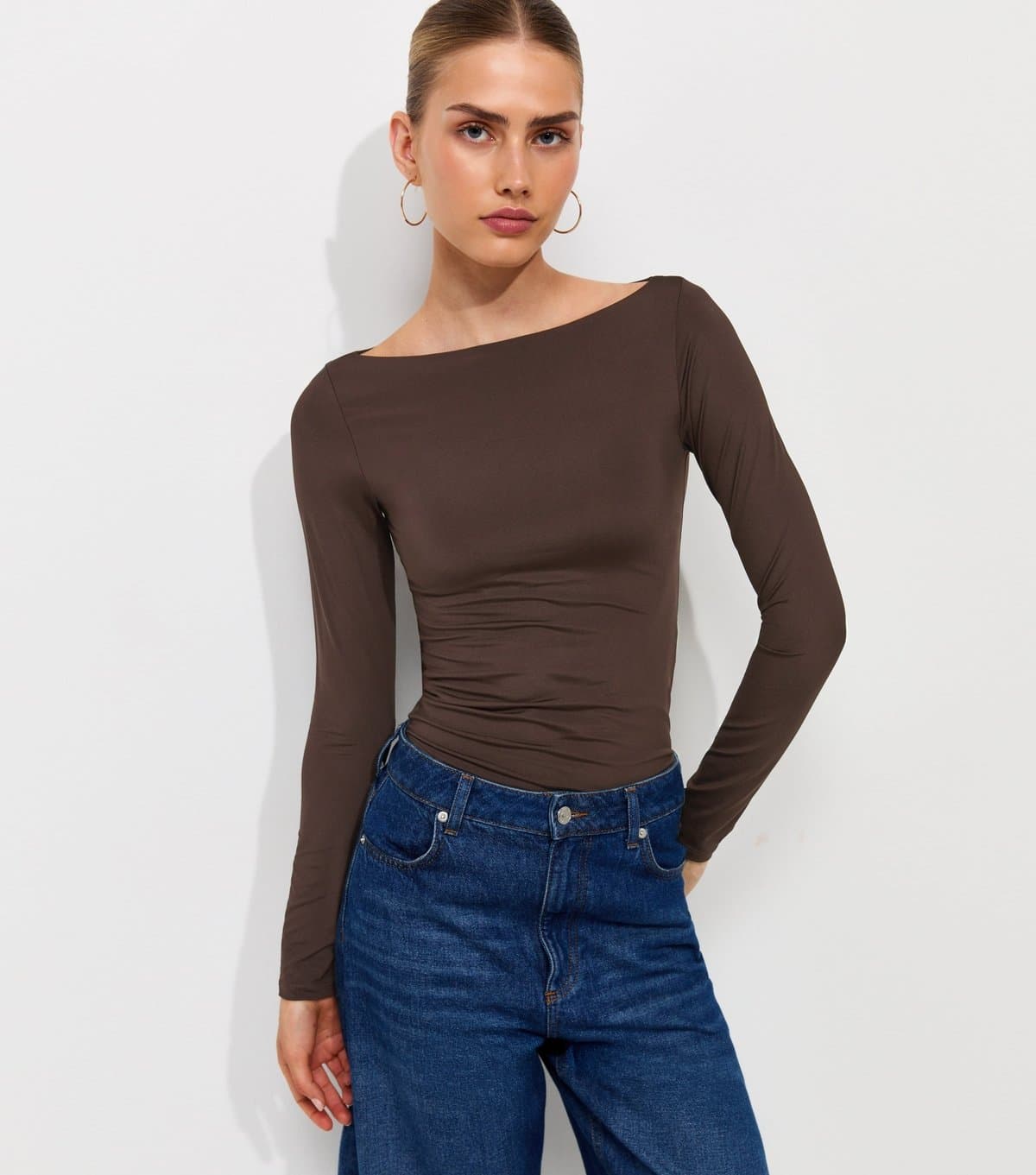 New Look Women's Dark Brown Slinky Long Sleeve Slash Neck Bodysuit New Look