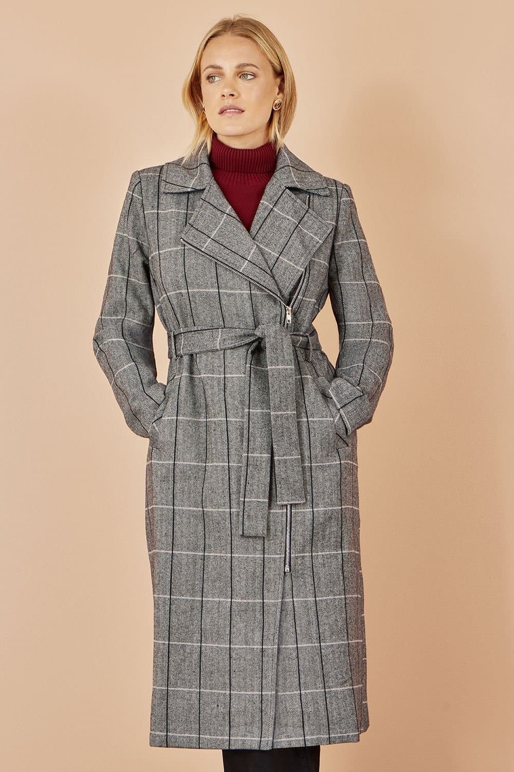 Yumi Yumi Women's Grey Check Oversize Long Biker Coat