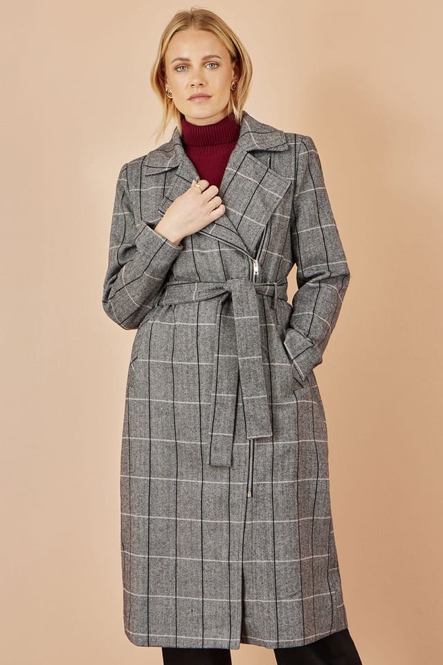 Yumi Yumi Women's Grey Check Oversize Long Biker Coat - 2