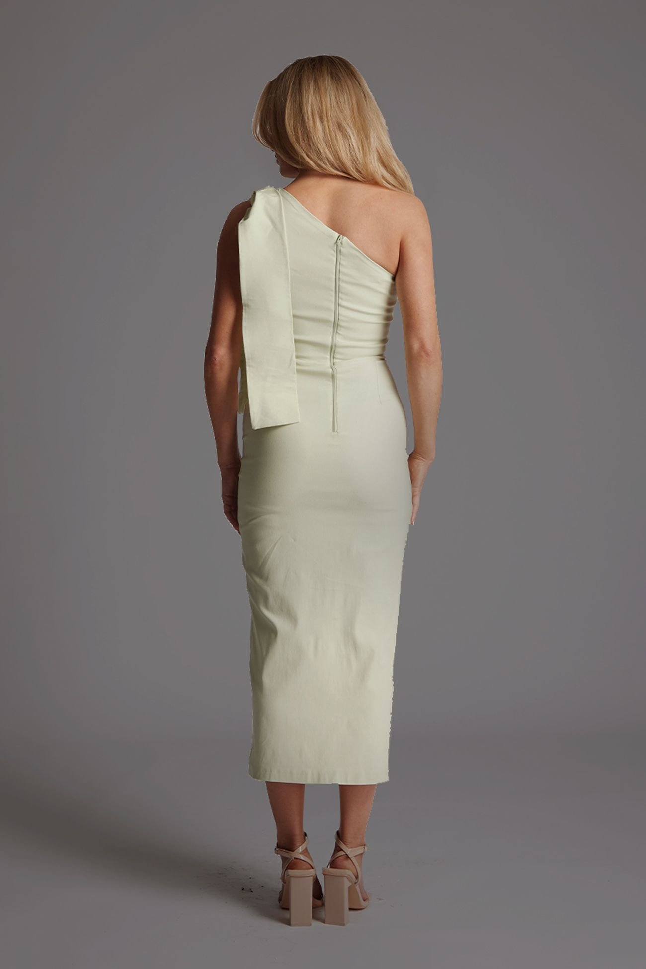 Vesper Vesper Women's One Shoulder Midaxi Dress with Thigh Split in Sage in Light Green - 4