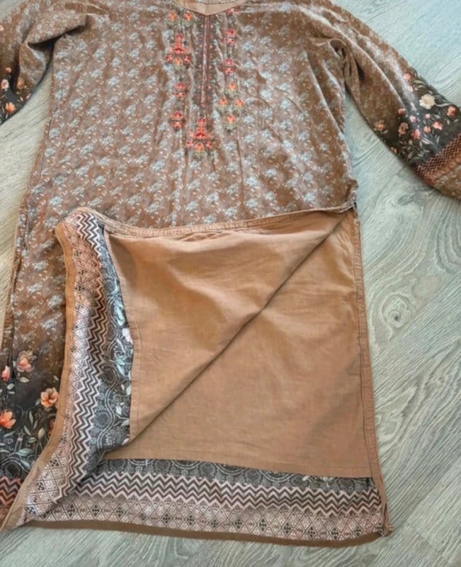 Women's Floral Embroidered Kurti Tunic Top Brown Beige Boho