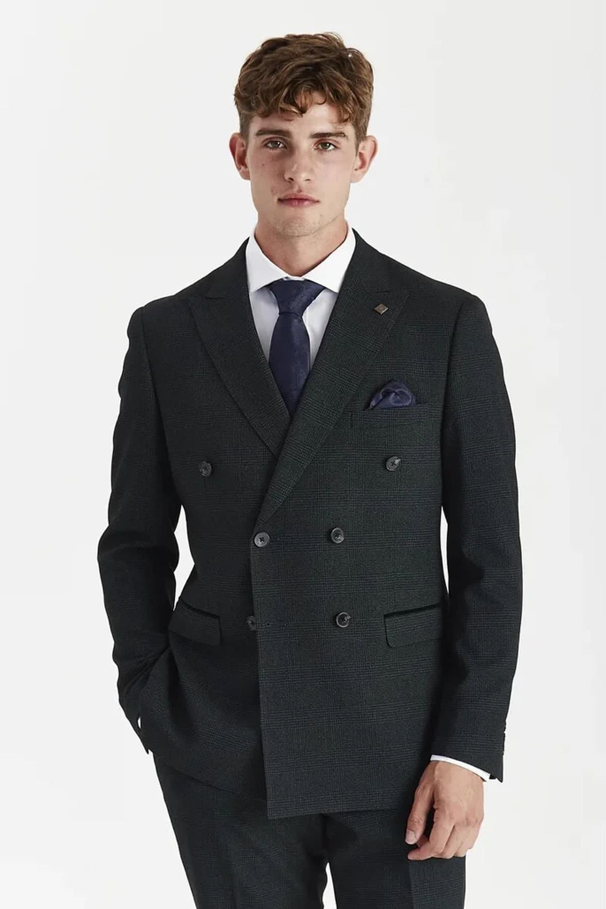 Paul Andrew Paul Andrew Men's Blazer Checked Double Breasted Plaid Tailored Fit Jacket in Dark Green