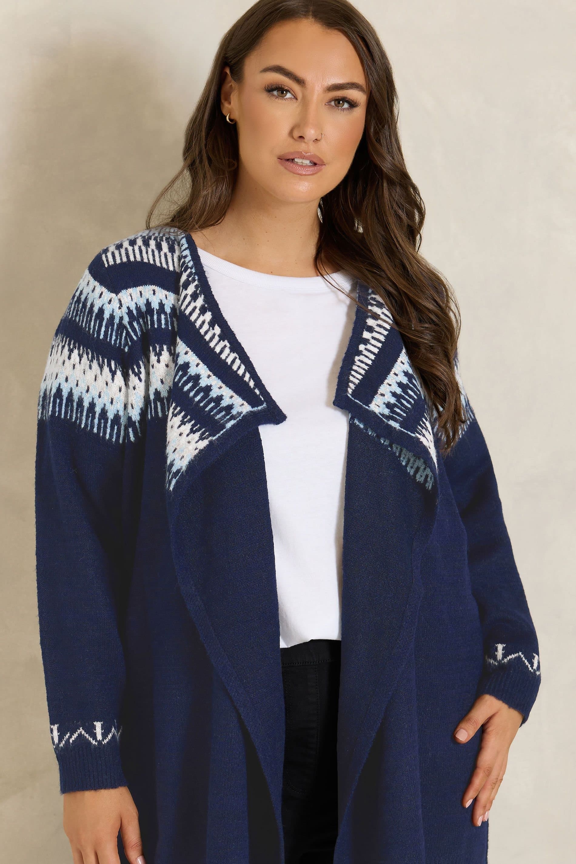 Evans Evans Women's Fairisle Waterfall Cardigan in Dark Navy