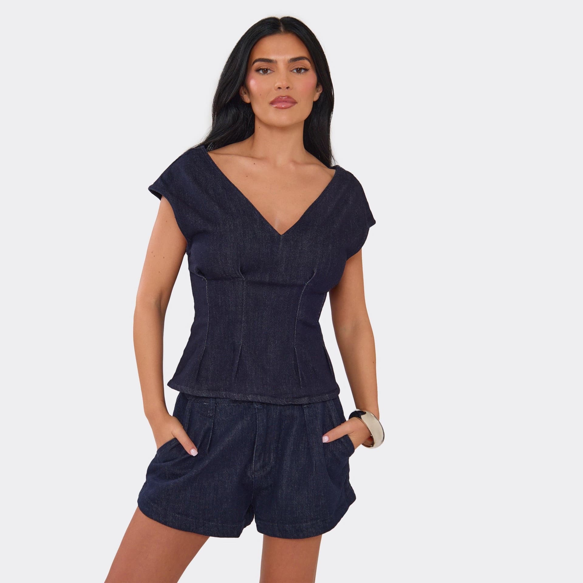 EGO V Neck Peplum Detail Top In Indigo Blue Denim, Women's Size UK L