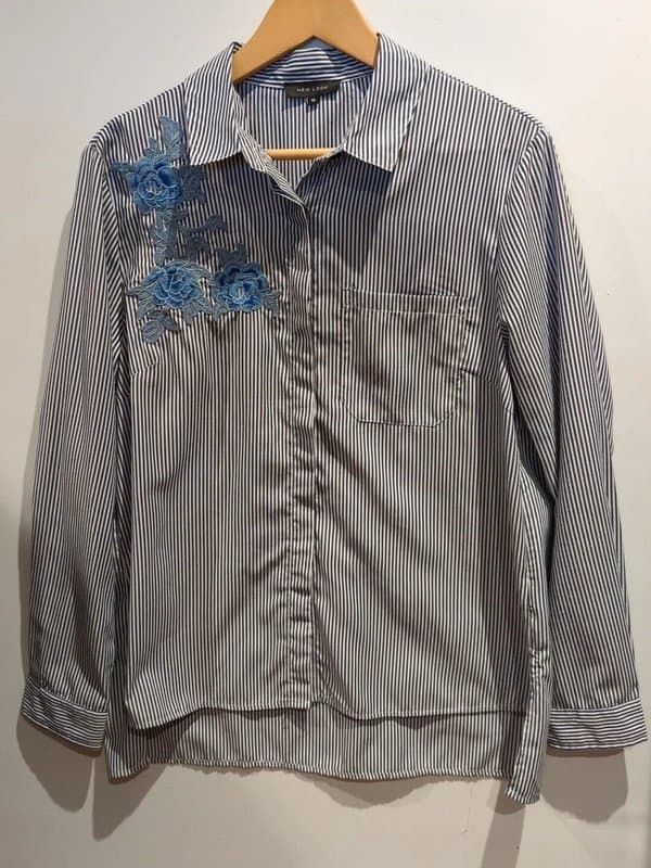 New Look New Look Women's White/Navy Striped Embroidered Long Sleeve Collared Shirt UK 16