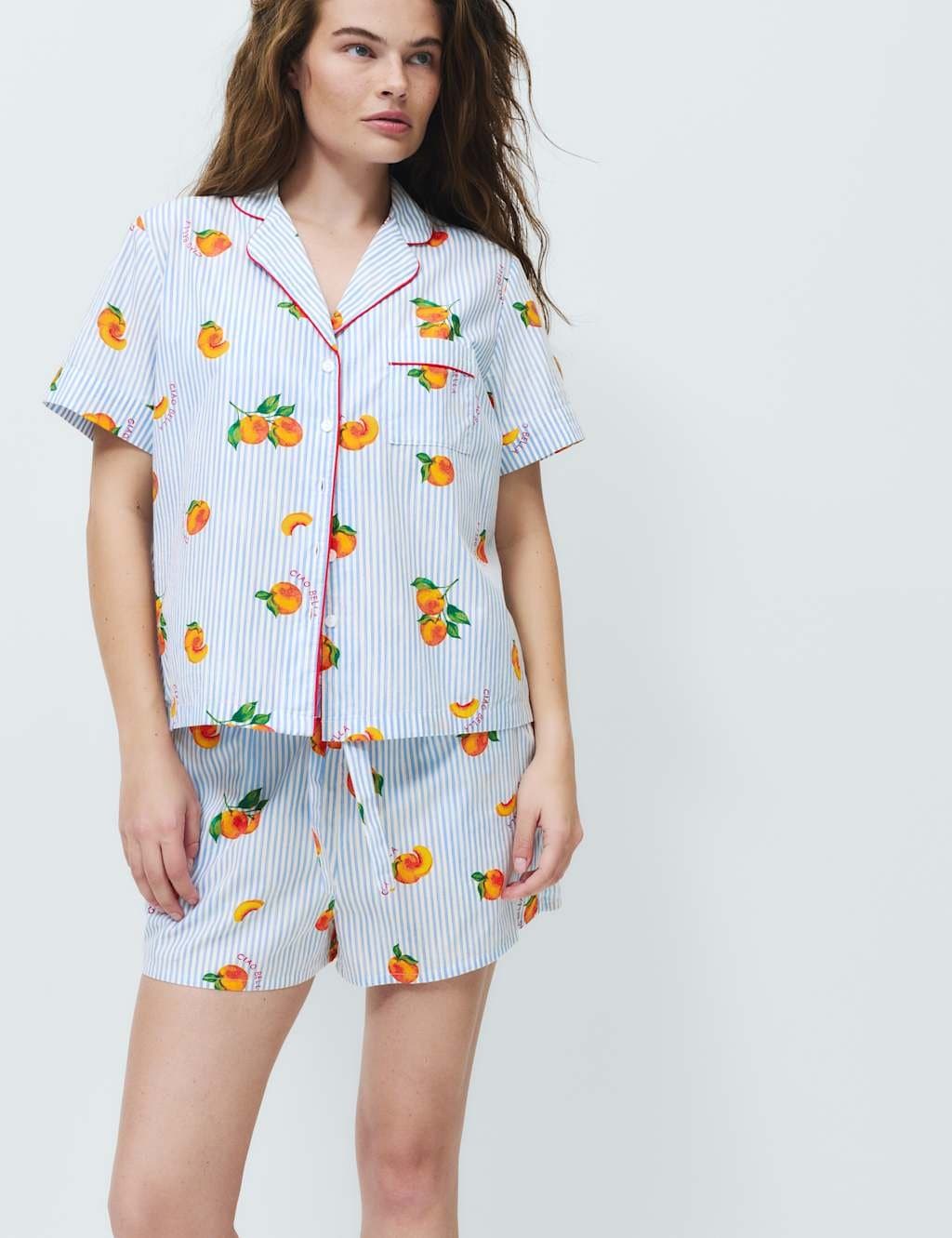 Marks & Spencer M&S Pure Cotton Printed Shortie Set Blue Mix