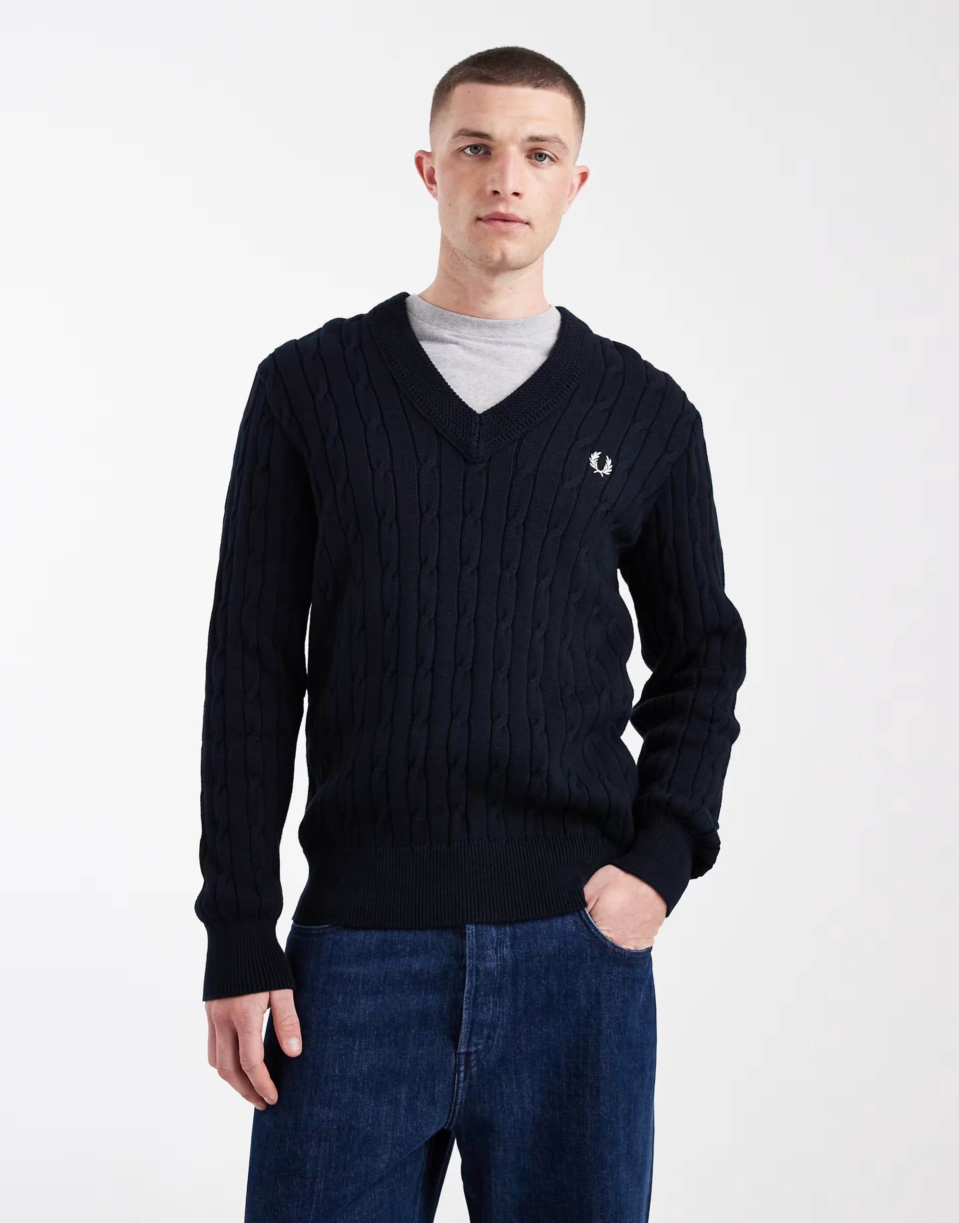 ASOS Fred Perry cable knit v neck logo jumper in navy