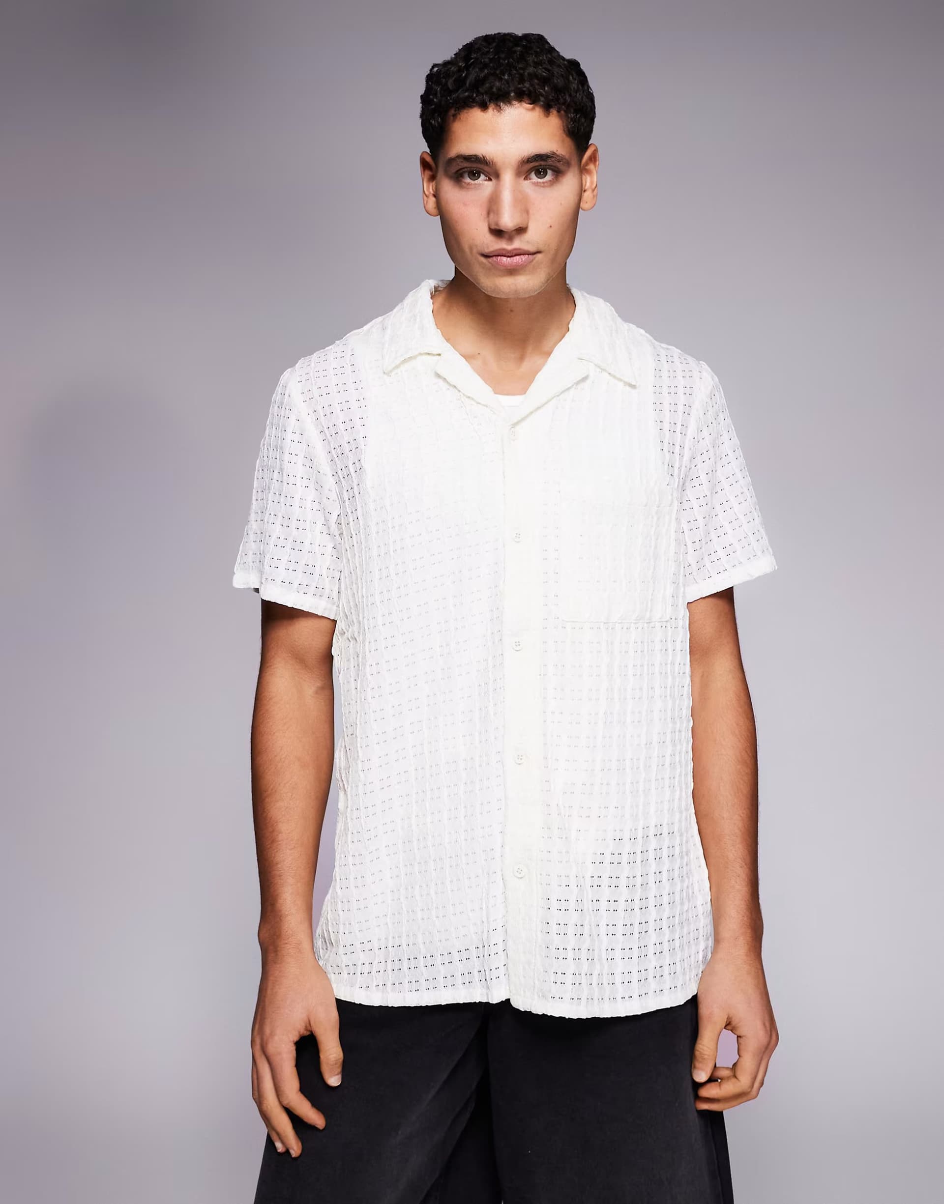 ASOS South Beach textured revere beach shirt in cream