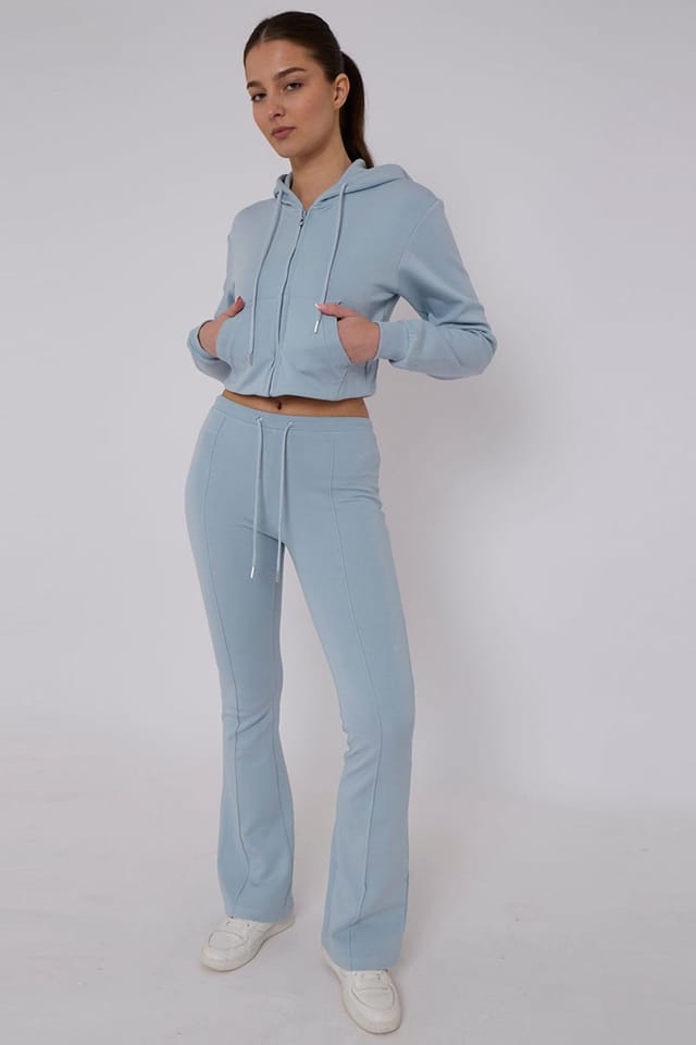 STYLEWISE STYLEWISE Women's Cropped Zip Hoodie & Flared Trouser Set - Interlock - Co-ord Set in Blue - 2