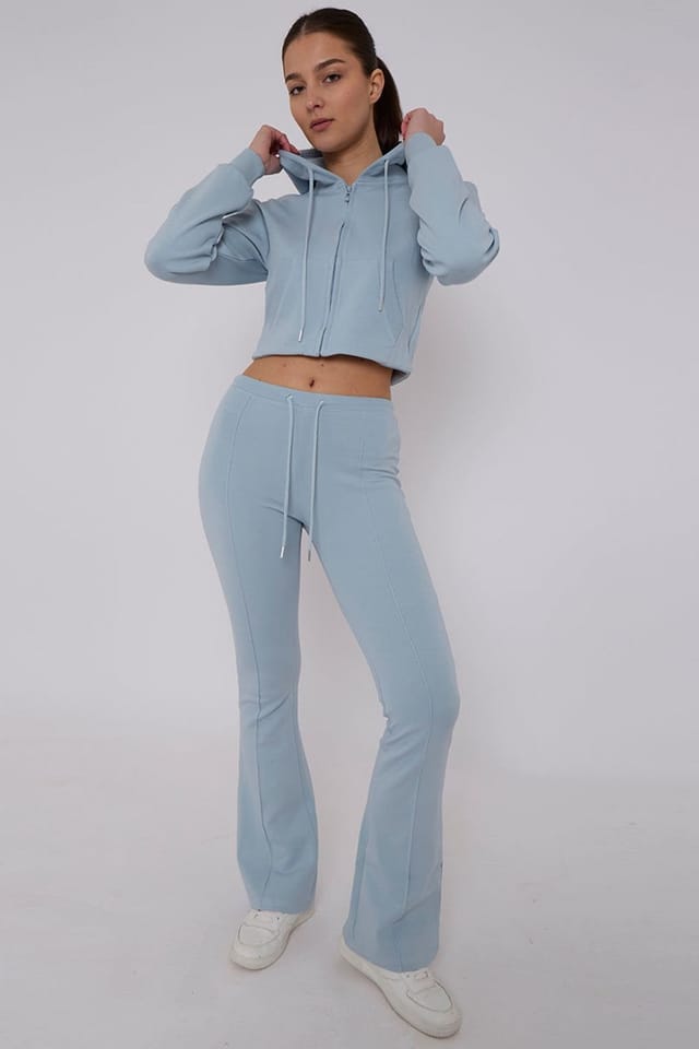 STYLEWISE STYLEWISE Women's Cropped Zip Hoodie & Flared Trouser Set - Interlock - Co-ord Set in Blue - 3