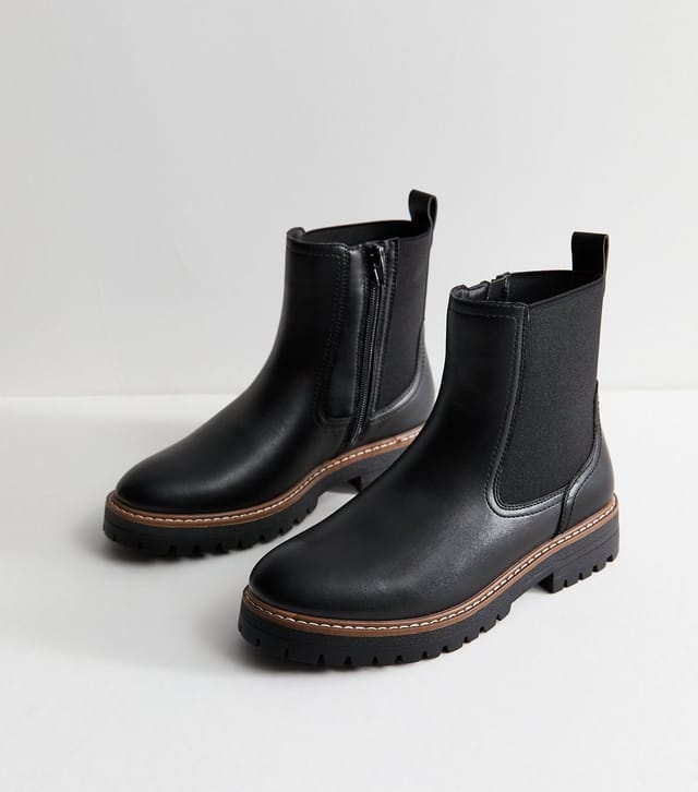 New Look Women's Wide Fit Black Faux Leather Contrast Stitch Chunky Sole Chelsea Boots Vegan New Look - 3