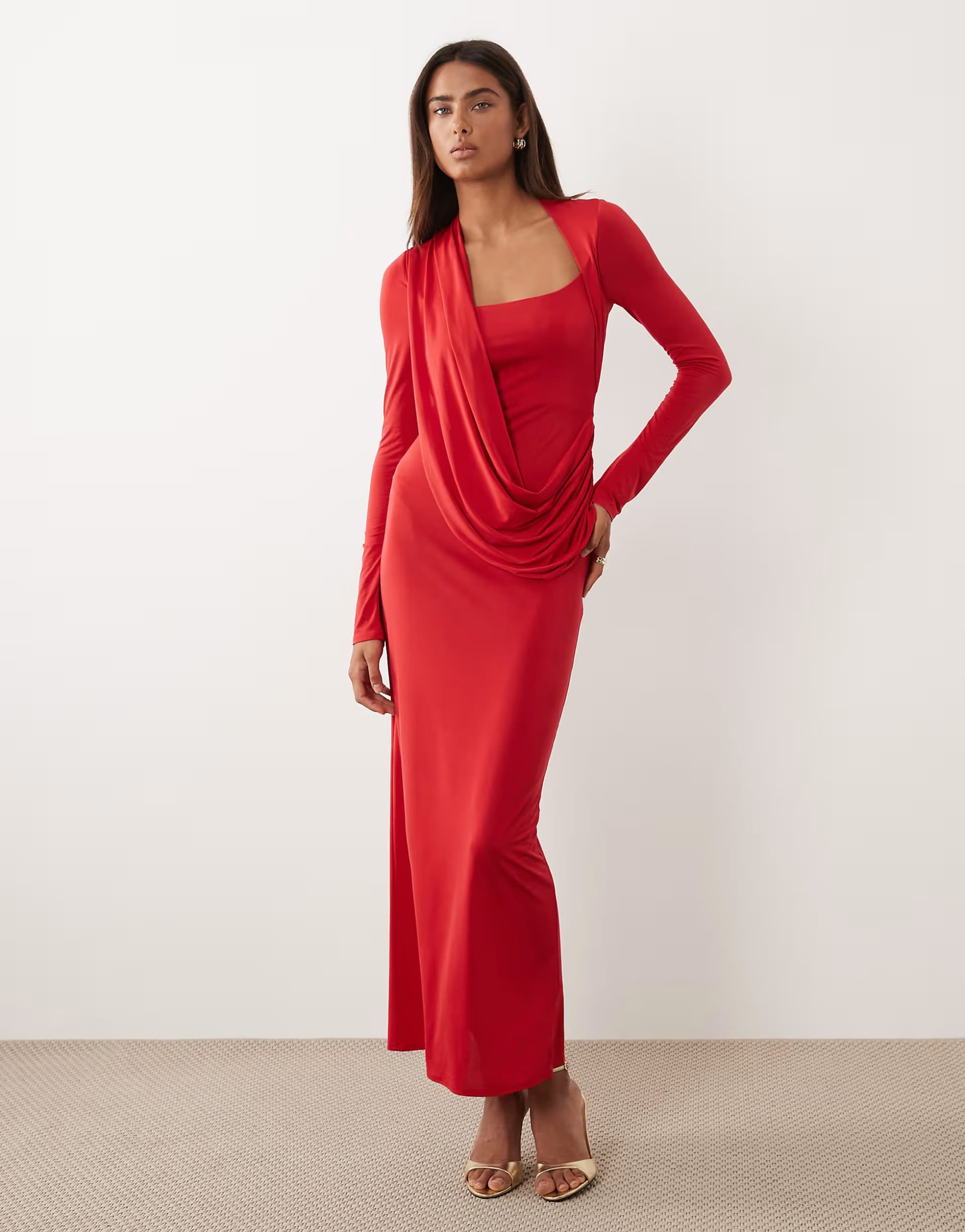 ASOS ASOS DESIGN slinky square neck maxi dress with asymmetric drape detail in red