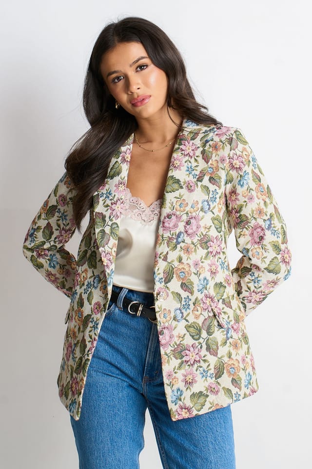 Gini London Gini London Women's Beige Floral Jacquard Tailored Jacket - 2