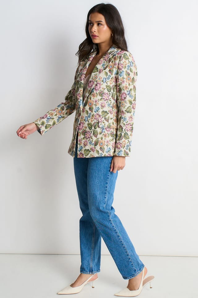 Gini London Gini London Women's Beige Floral Jacquard Tailored Jacket - 3