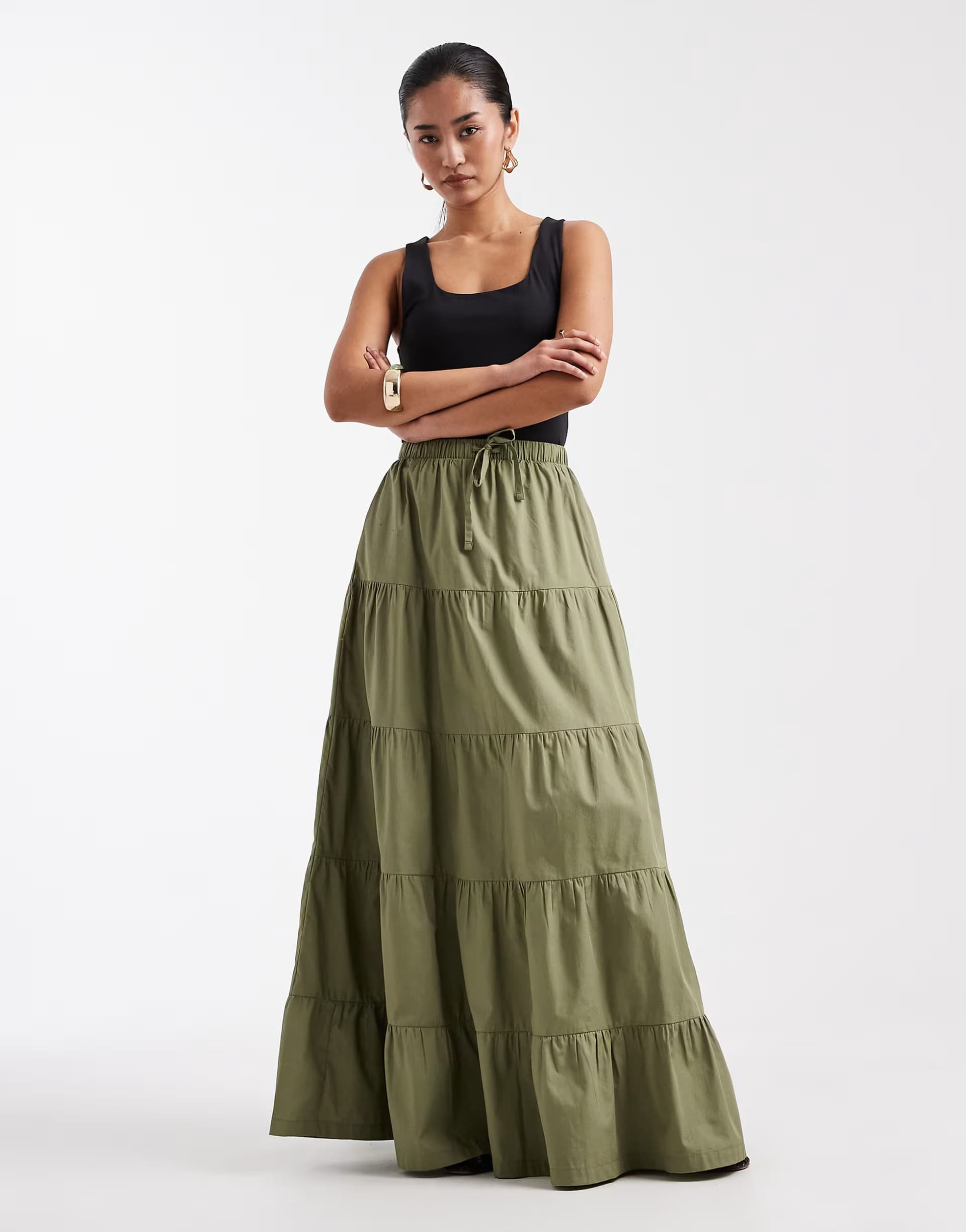 ASOS Threadbare poplin tiered maxi skirt in olive green