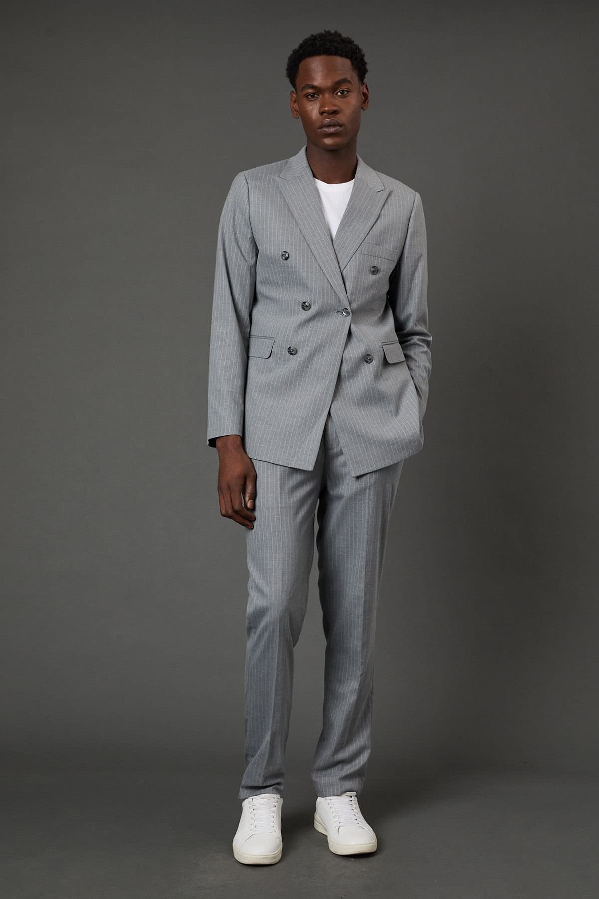 Burton Burton Men's Grey Pinstripe Slim Fit Suit Trousers in Mid Grey