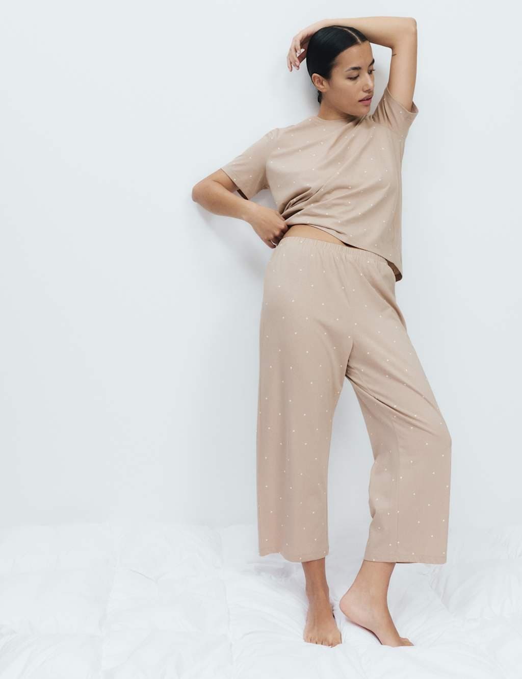 Marks & Spencer M&S Cotton Rich Printed Cropped Pyjama Set Neutral
