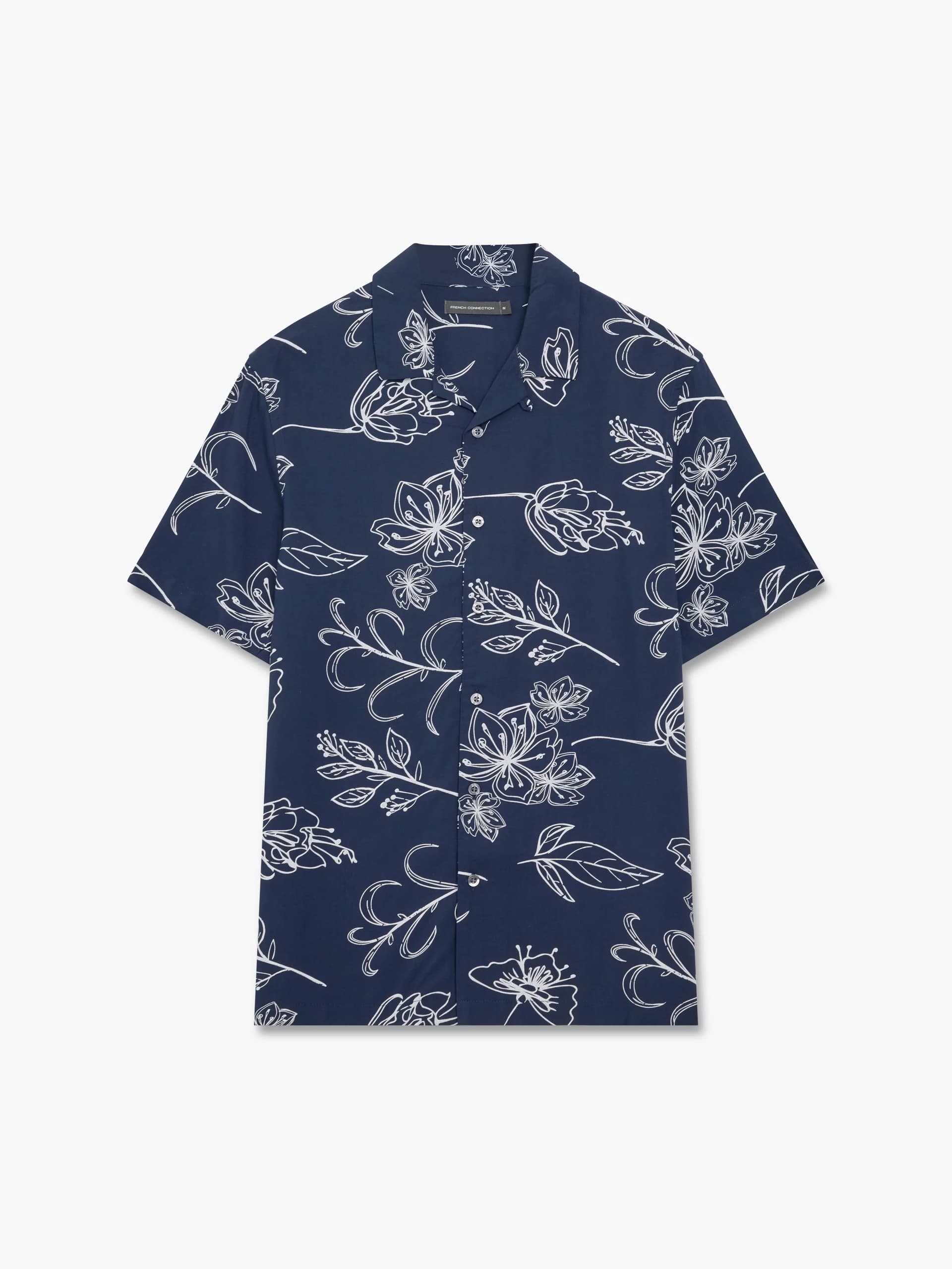 French Connection Floral Viscose Revere Short Sleeve Shirt  Marine Blue