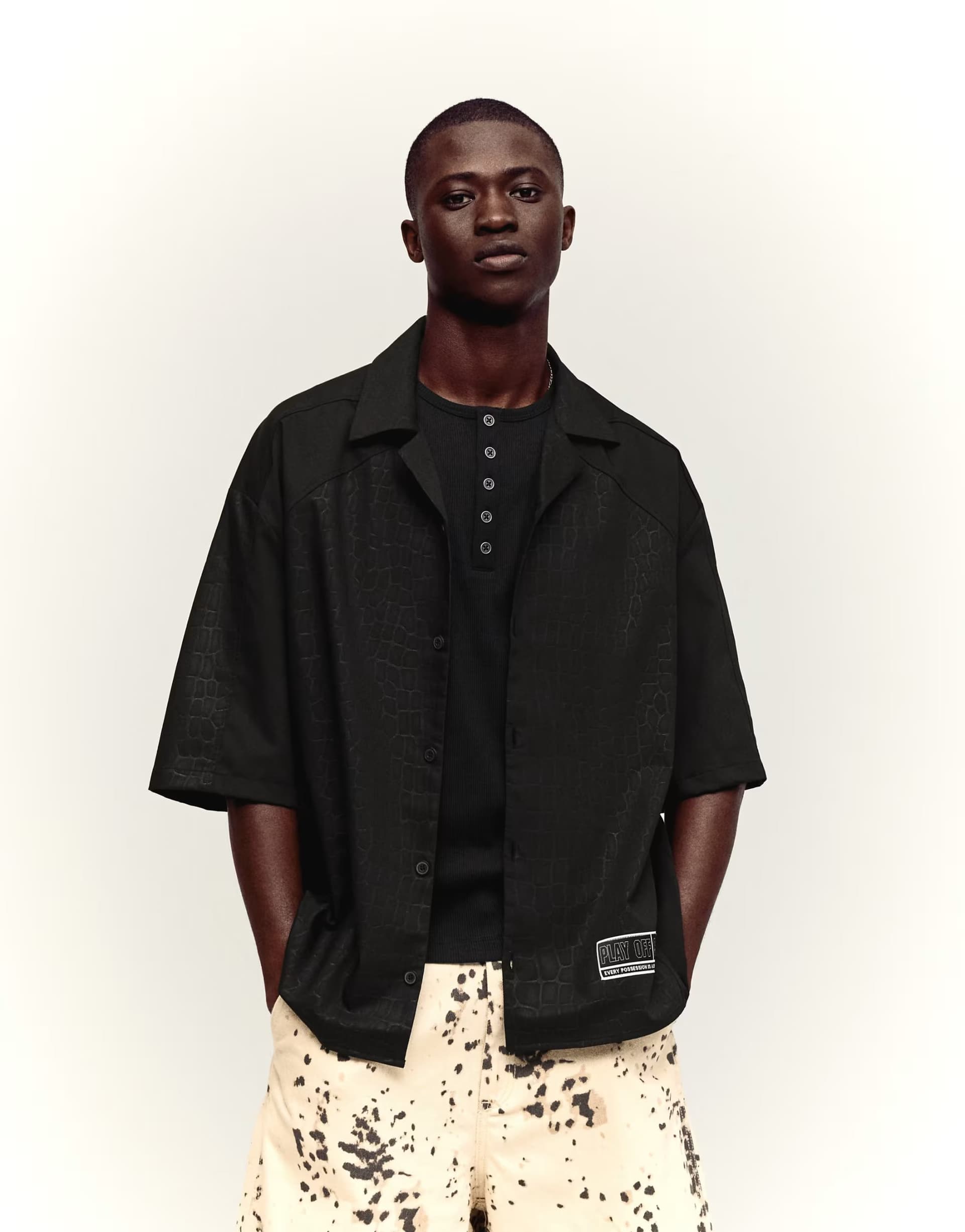 ASOS Bershka Short sleeve boxy print shirt in black