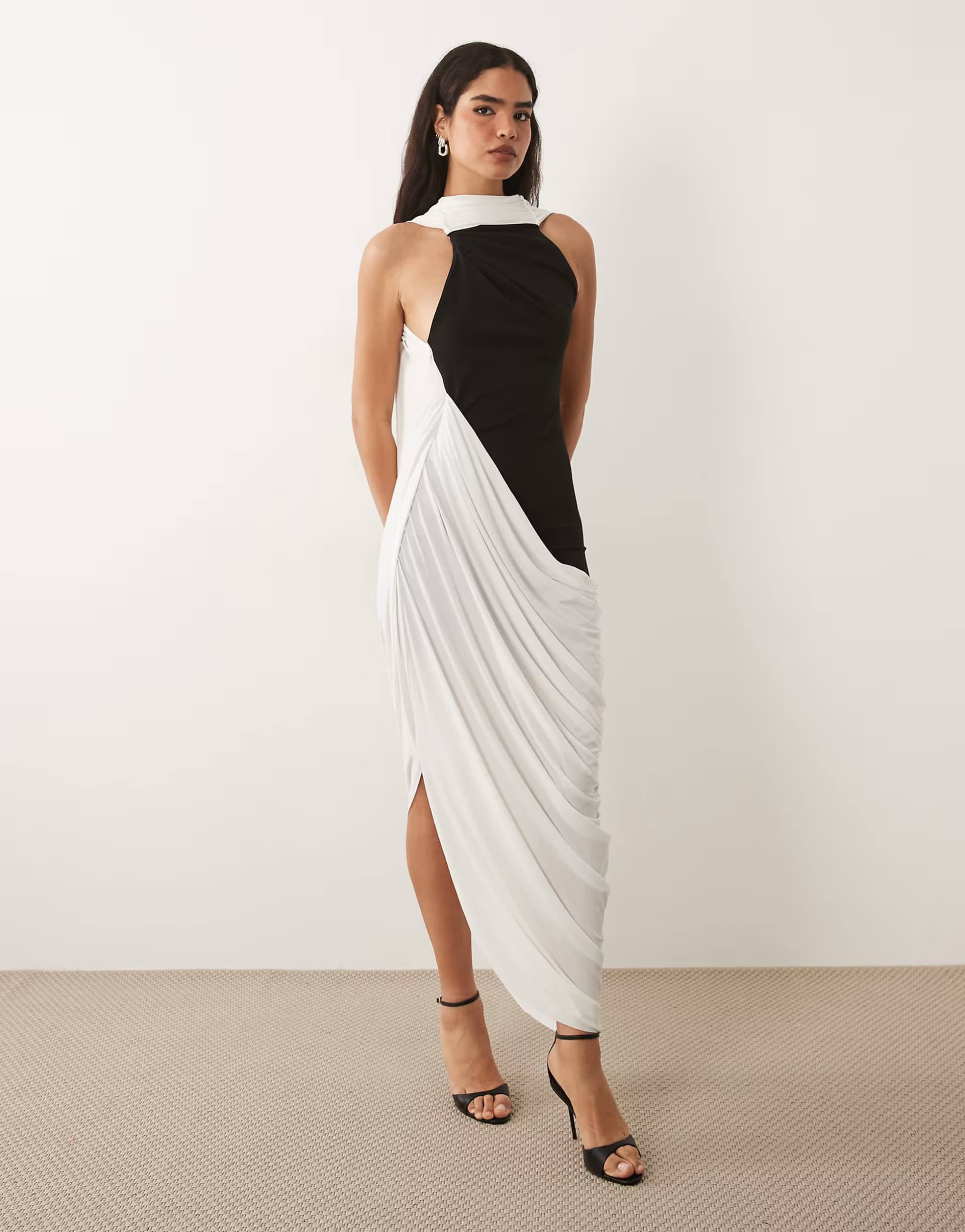 ASOS ASOS DESIGN midi dress with draped skirt into scarf detailing in mono scuba-style fabric
