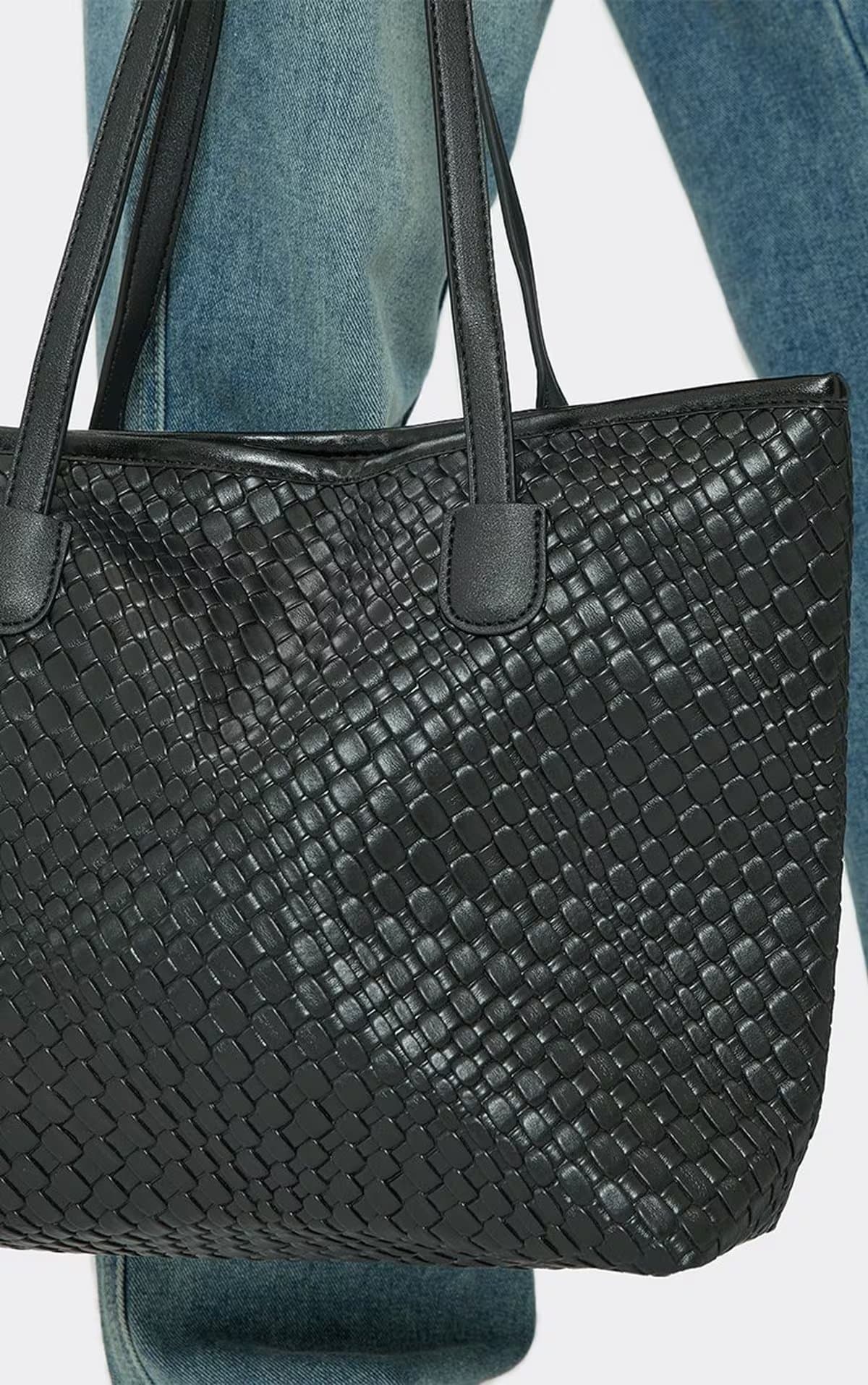 EGO Lyra Woven Detail Shaped Tote Bag In Black Faux Leather, Women's Size UK 0