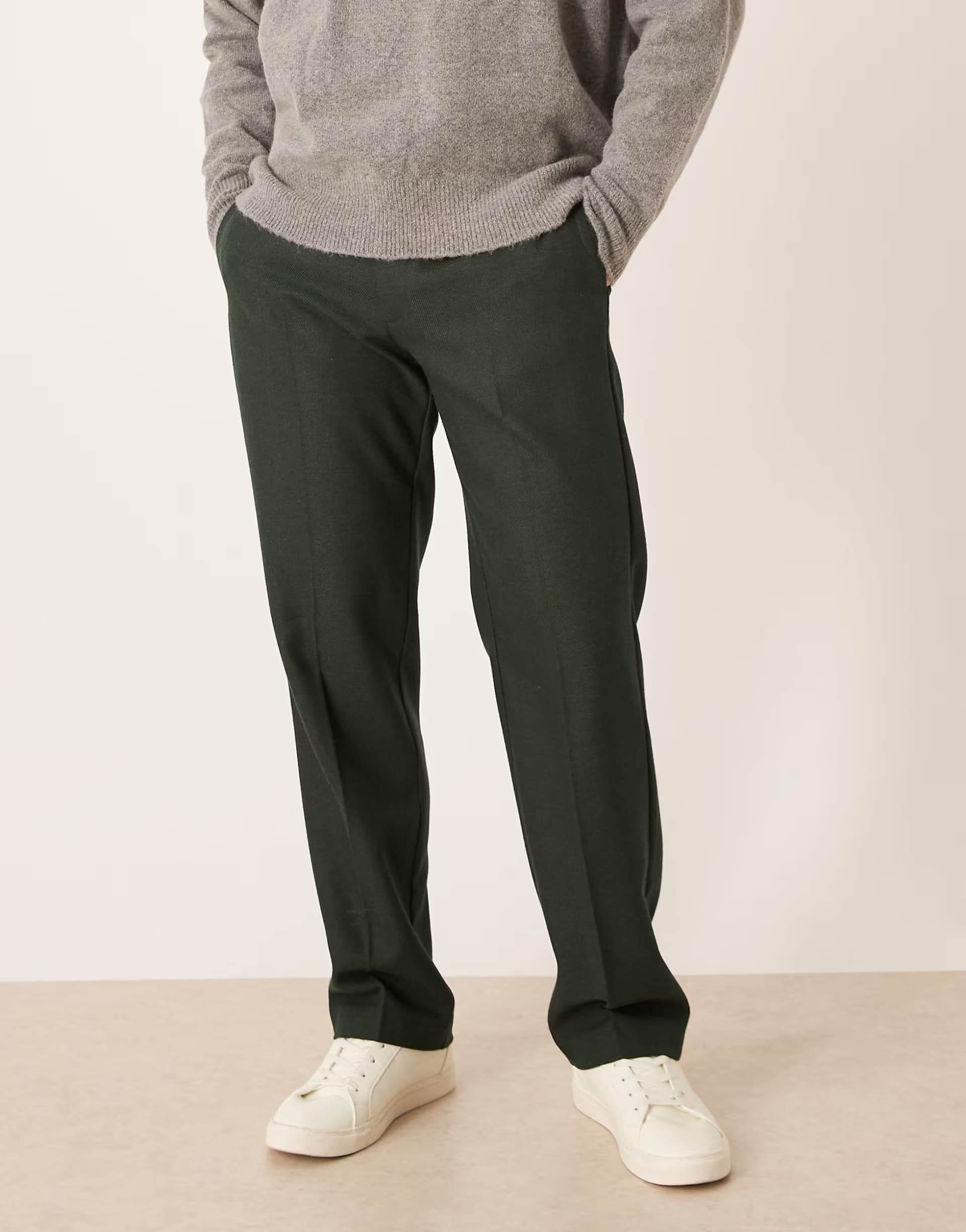 ASOS ASOS DESIGN smart straight leg trousers with wool in green herringbone