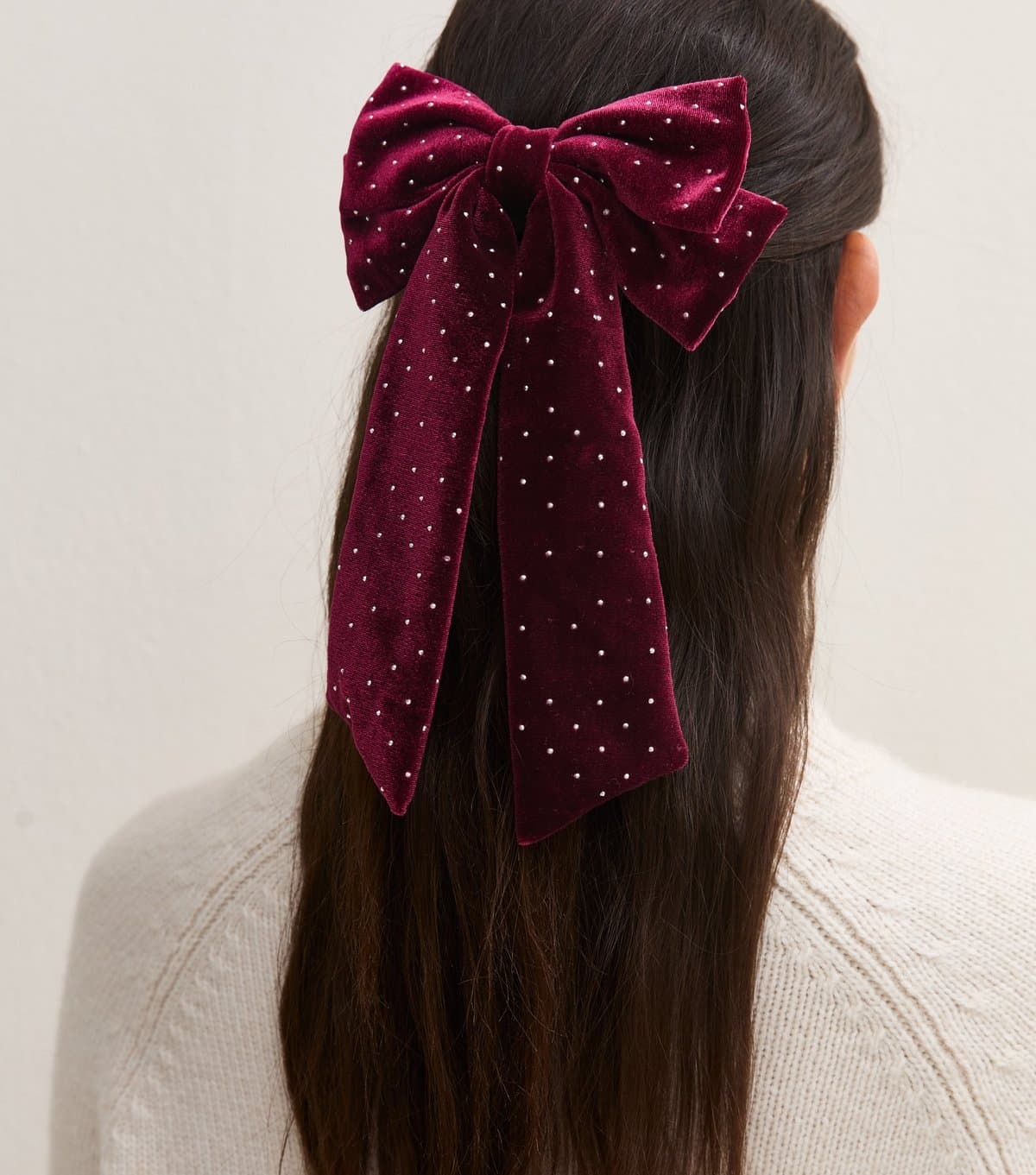 New Look Dark Burgundy Velvet Diamante Bow Hair Slide Clip New Look