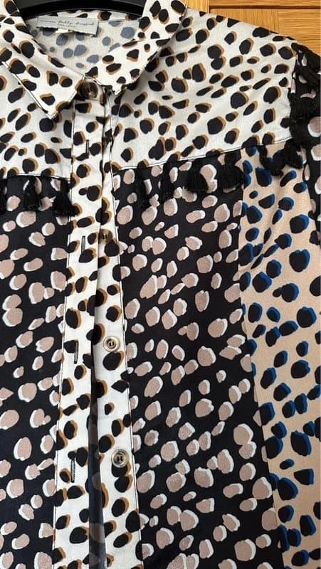 Never Fully Dressed Never Fully Dressed Blouse Top Leopard Print Tassel Gold Brown Blue