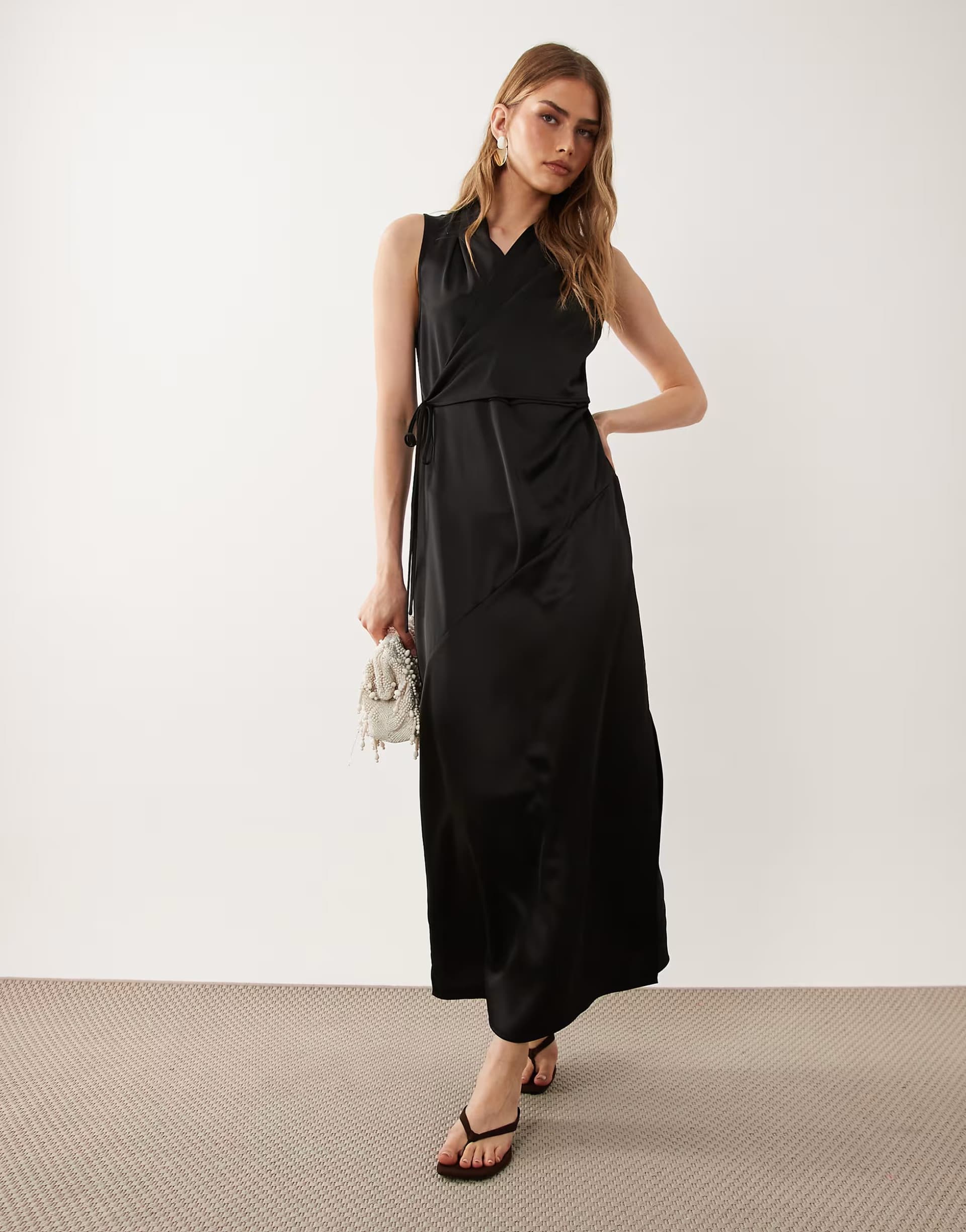 ASOS ASOS DESIGN satin wrap top midi dress in black