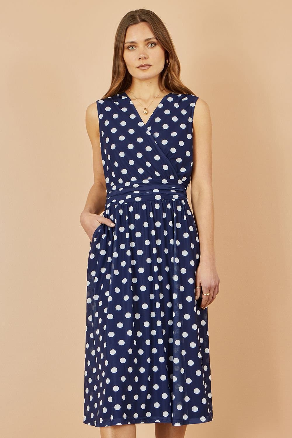 Yumi Yumi Women's Navy Polka Dot Mesh Wrap Skater Dress With Pockets