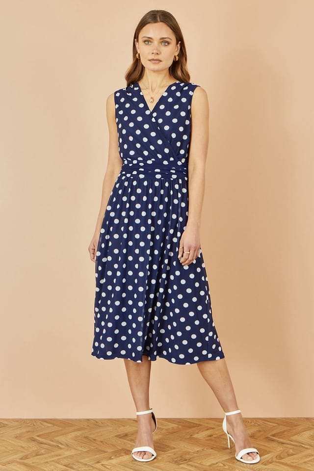 Yumi Yumi Women's Navy Polka Dot Mesh Wrap Skater Dress With Pockets - 2