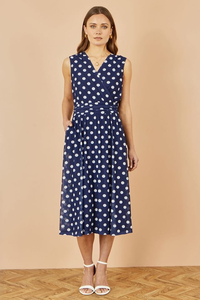 Yumi Yumi Women's Navy Polka Dot Mesh Wrap Skater Dress With Pockets - 3